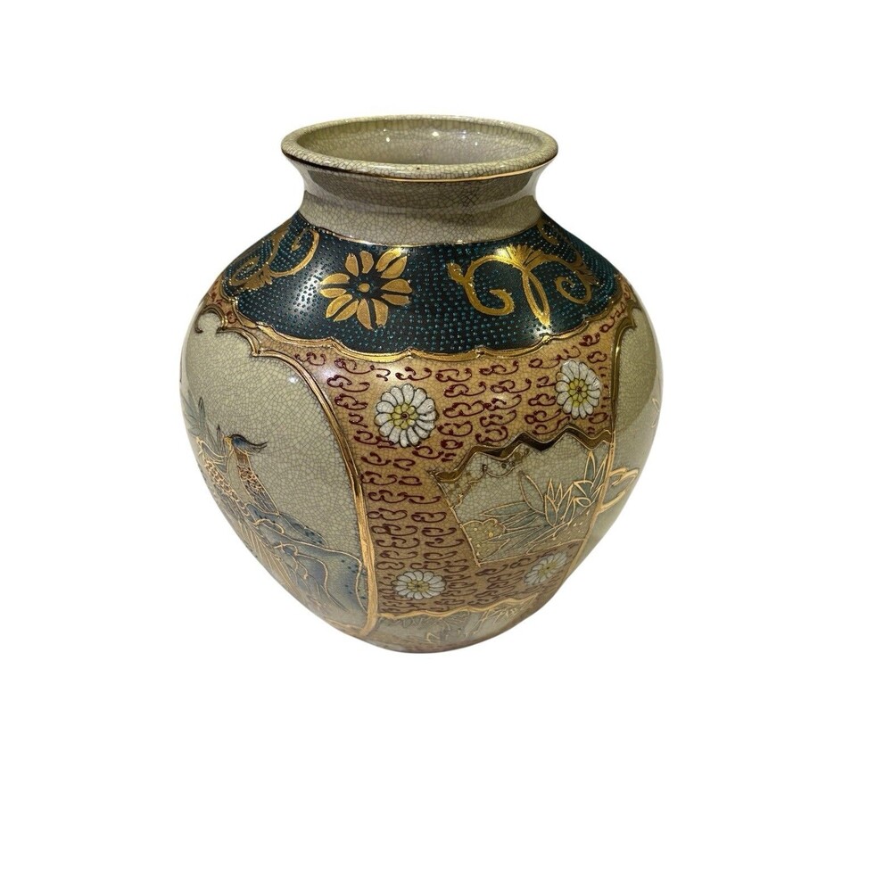 Hand Painted Royal Satsuma Vase 10.5” Crackle Glaze Birds Floral Gold Moriage